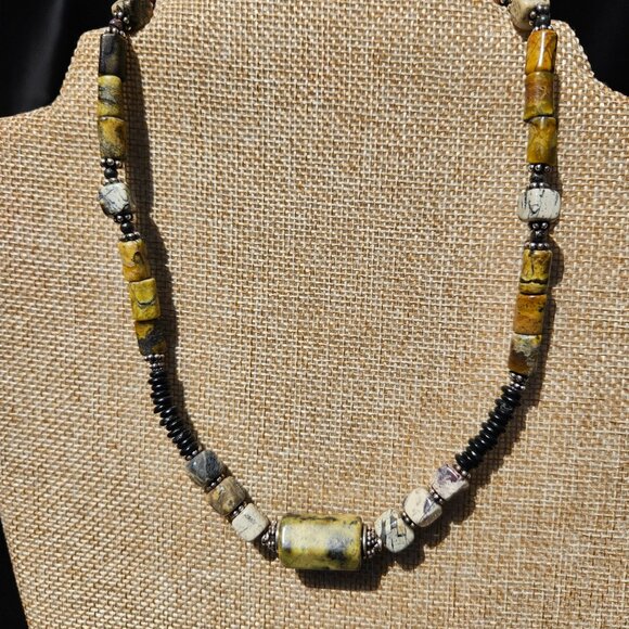 Yellow Turquoise, Sterling Silver and Sandalwood Necklace - Picture 3 of 5